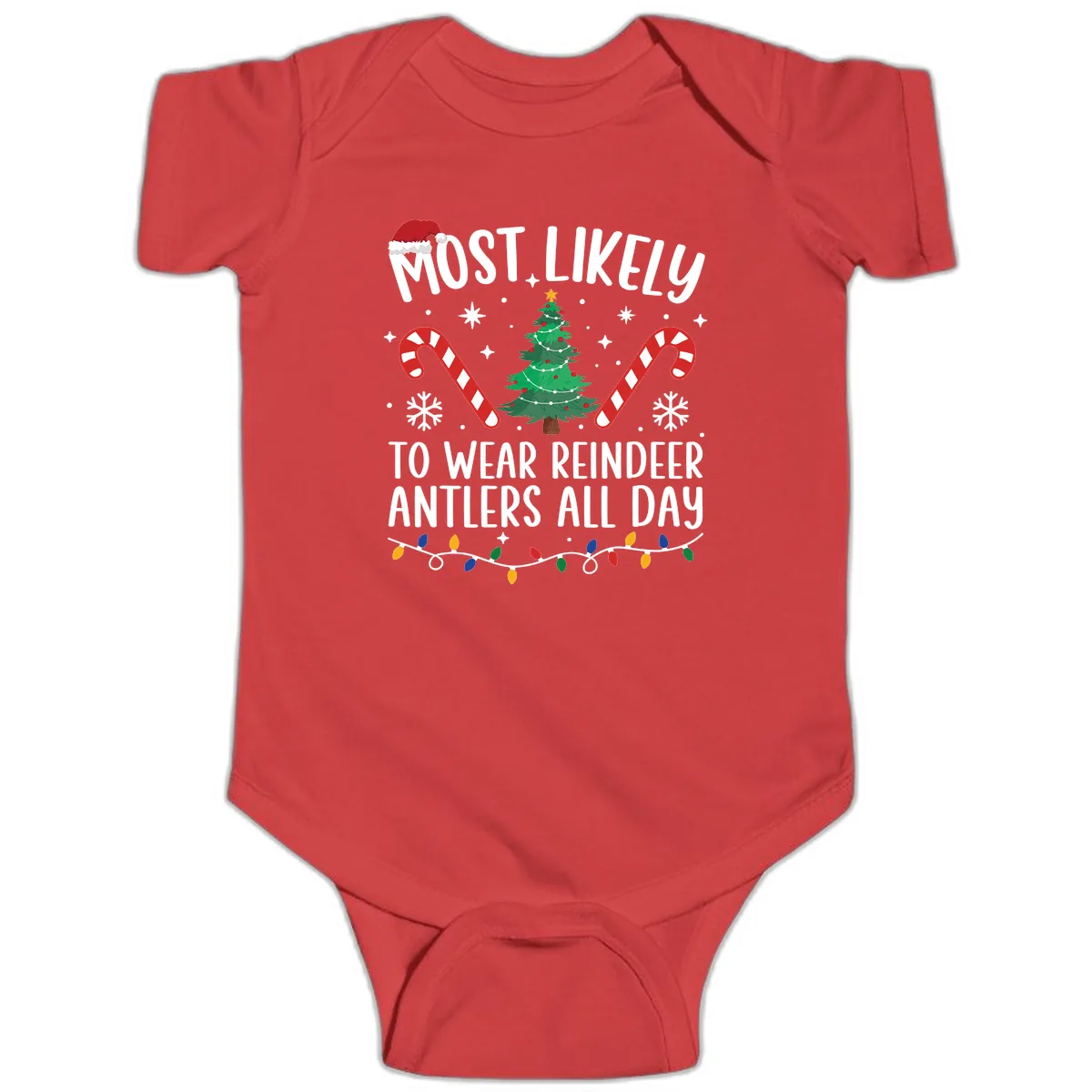 Most Likely To Wear Reindeer Antlers All Day Baby Onesie in Red
